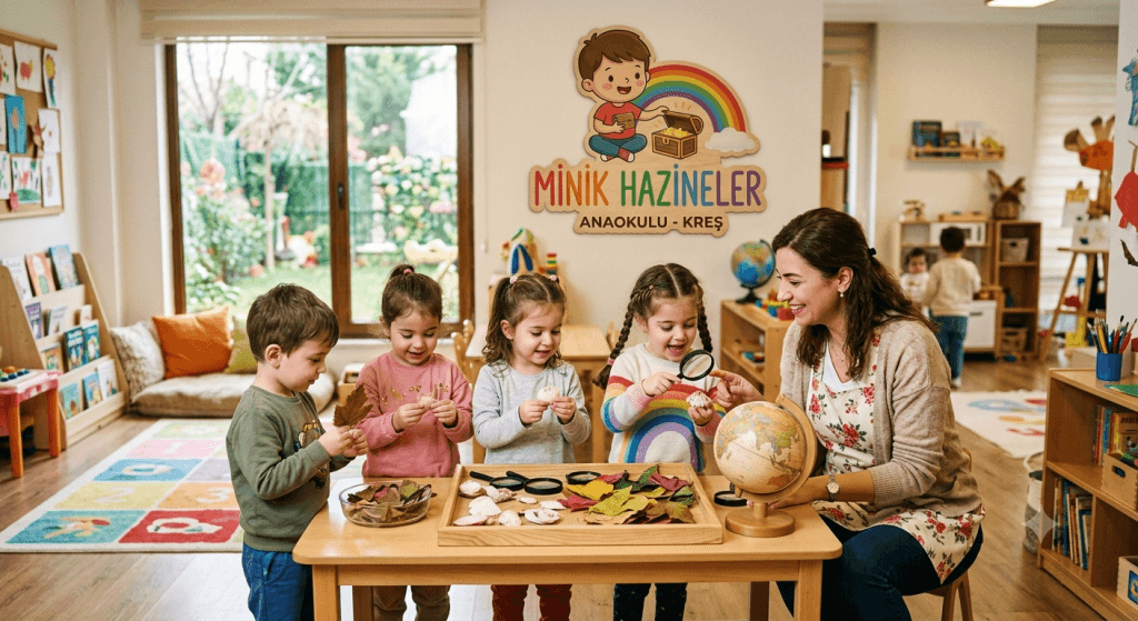 Özel Beylikdüzü Minik Hazineler Anaokulu'nu tanıtan kurumsal görsel. Beylikdüzü'nde 2-6 yaş çocuklara yönelik güvenli, sevgi dolu ve oyun temelli okul öncesi eğitim sunulmaktadır.
