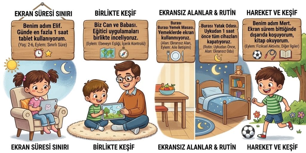 2-6 yaş çocuklarda sağlıklı ekran süresi ve dijital alışkanlıklar hakkında bilgilendirici görsel. Özel Beylikdüzü Minik Hazineler Anaokulu olarak ailelere bilinçli teknoloji kullanımı konusunda rehberlik ediyoruz.